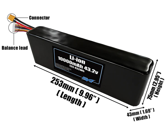 Size reference photo of the 10000mAh 43.2V Li-ion pack showing 253 mm by 43 mm by 75 mm dimensions ideal for drones or small robotic systems where space matters.