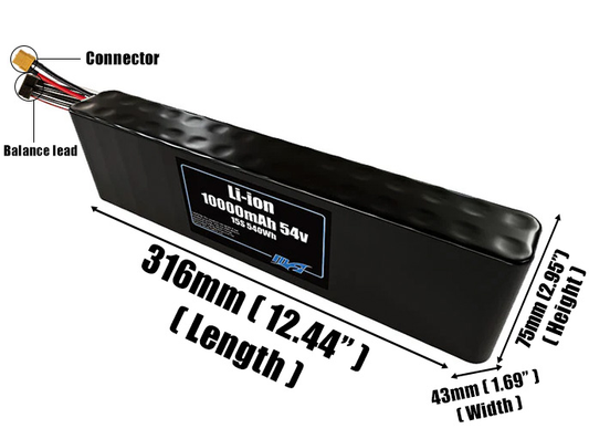 Size reference photo of the 10000mAh 54V Li-ion pack showing 316 mm by 43 mm by 75 mm dimensions ideal for drones or small robotic systems where space matters.