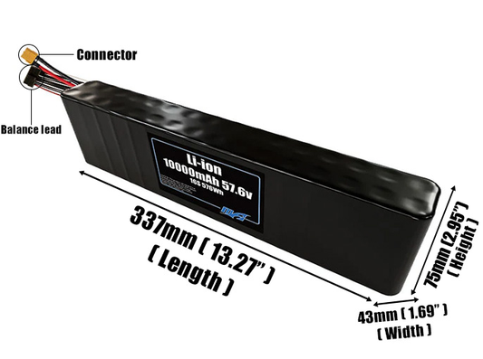 Size reference photo of the 10000mAh 57.6V Li-ion pack showing 337 mm by 43 mm by 75 mm dimensions ideal for drones or small robotic systems where space matters.