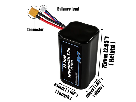 Size reference photo of the 10000mAh 7.2V Li-ion pack showing 43 mm by 43 mm by 75 mm dimensions ideal for drones or small robotic systems where space matters.