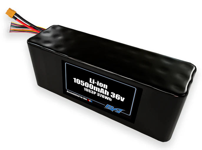 Compact 36-volt 10500mAh lithium-ion battery, built for lightweight drone, UAV, and robotics projects.