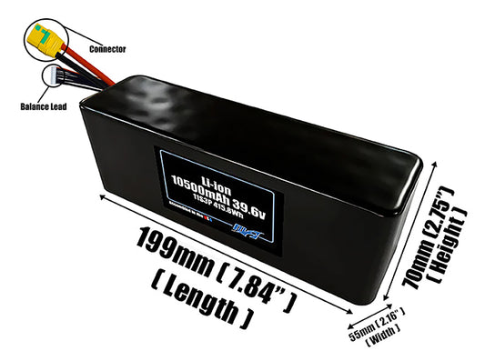 Size reference photo of the 10500mAh 39.6V Li-ion pack showing 199 mm by 55 mm by 70 mm dimensions ideal for drones or robotic systems where space matters.