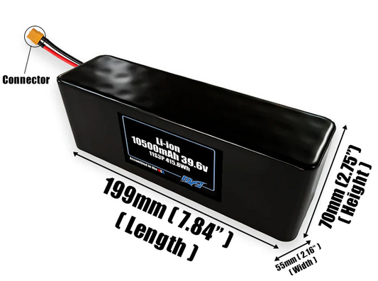 Size reference photo of the 10500mAh 39.6V Li-ion pack showing 199 mm by 55 mm by 70 mm dimensions ideal for drones or robotic systems where space matters.