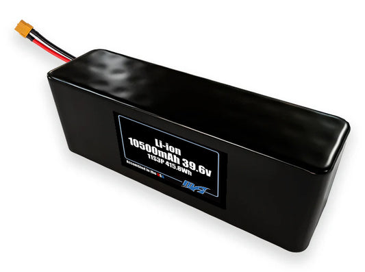 Compact 39.6-volt 10500mAh lithium-ion battery, built for lightweight drone, UAV, and robotics projects.