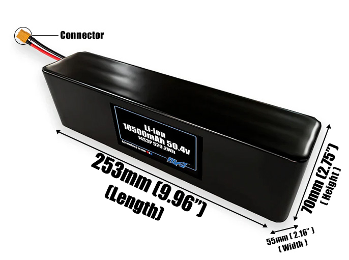 Size reference photo of the 10500mAh 50.4V Li-ion pack showing 253 mm by 55 mm by 70 mm dimensions ideal for drones or robotic systems where space matters.