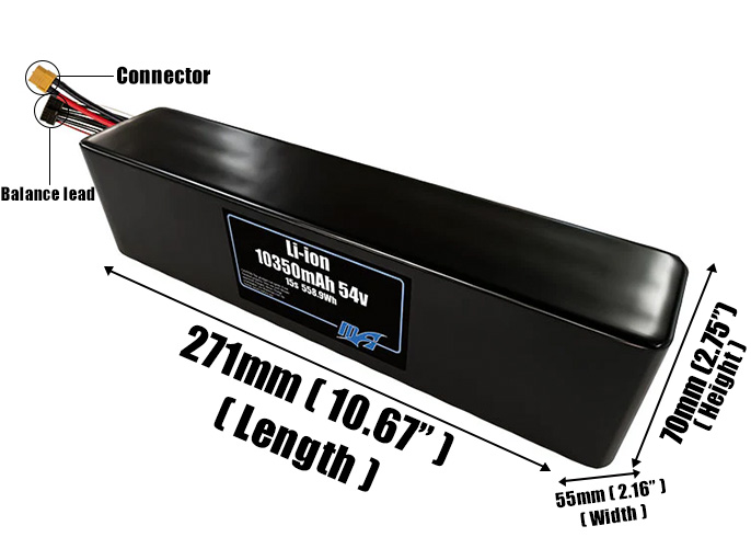 Size reference photo of the 10500mAh 54V Li-ion pack showing 271 mm by 55 mm by 70 mm dimensions ideal for drones or robotic systems where space matters.
