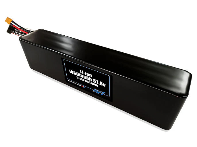 Compact 57.6-volt 10500mAh lithium-ion battery, built for lightweight drone, UAV, and robotics projects.