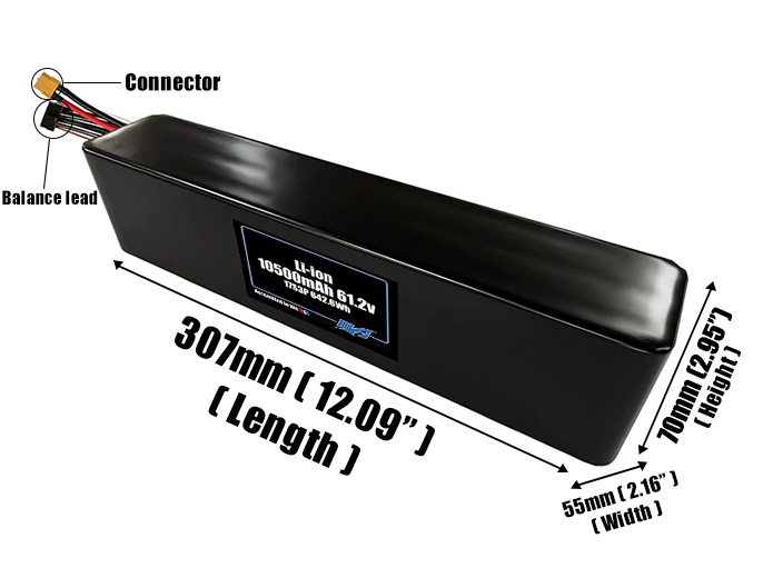 Size reference photo of the 10500mAh 61.2V Li-ion pack showing 307 mm by 55 mm by 70 mm dimensions ideal for drones or robotic systems where space matters.