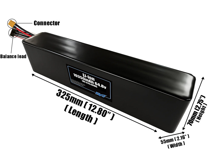 Size reference photo of the 10500mAh 64.8V Li-ion pack showing 325 mm by 55 mm by 70 mm dimensions ideal for drones or robotic systems where space matters.