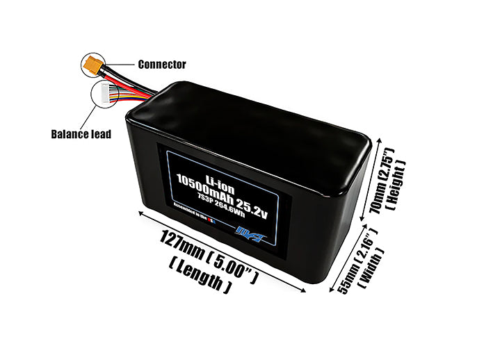 Size reference photo of the 10500mAh 25.2V Li-ion pack showing 127 mm by 55 mm by 70 mm dimensions ideal for drones or robotic systems where space matters.
