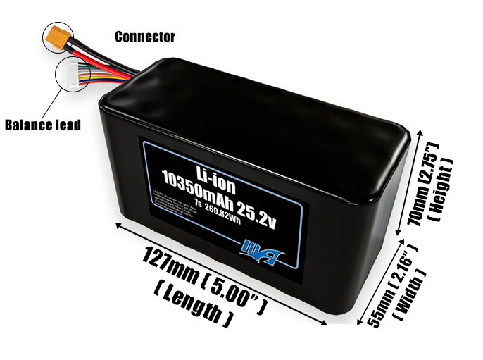 Size reference photo of the 10500mAh 25.2V Li-ion pack showing 127 mm by 55 mm by 70 mm dimensions ideal for drones or robotic systems where space matters.
