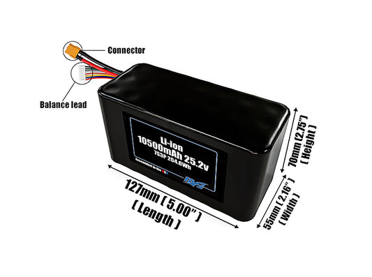 Size reference photo of the 10500mAh 25.2V Li-ion pack showing 127 mm by 55 mm by 70 mm dimensions ideal for drones or robotic systems where space matters.