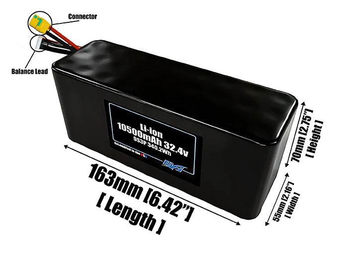 Size reference photo of the 10500mAh 32.4V Li-ion pack showing 163 mm by 55 mm by 70 mm dimensions ideal for drones or robotic systems where space matters.