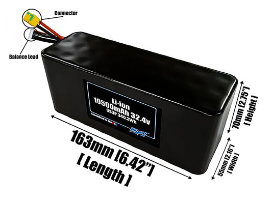 Size reference photo of the 10500mAh 32.4V Li-ion pack showing 163 mm by 55 mm by 70 mm dimensions ideal for drones or robotic systems where space matters.