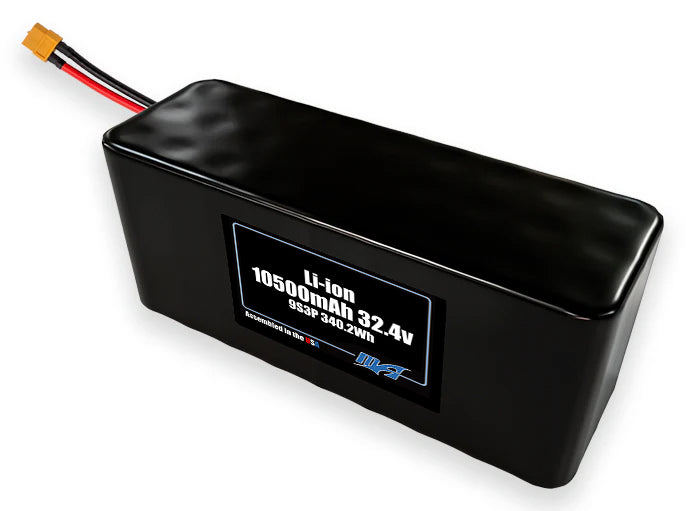Compact 32.4-volt 10500mAh lithium-ion battery, built for lightweight drone, UAV, and robotics projects.