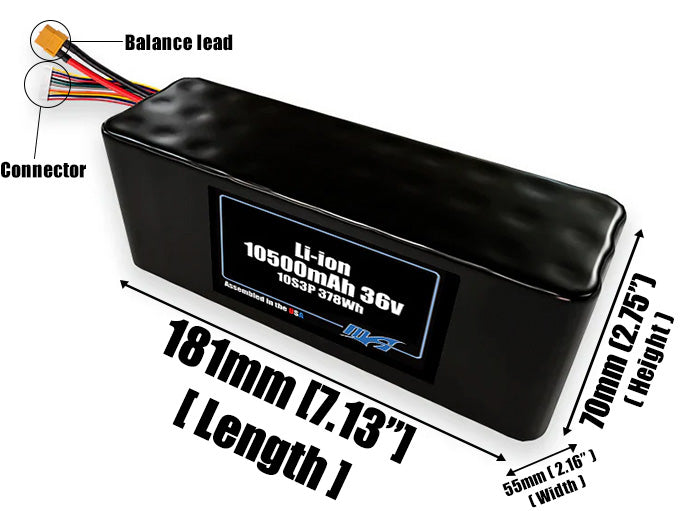 Size reference photo of the 10500mAh 36V lithium ion pack showing 181 mm by 55 mm by 70 mm dimensions ideal for drones or large robotic systems where space matters.