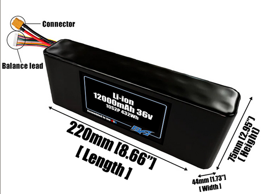 Size reference photo of the 12000mAh 36V Li-ion pack showing 220 mm by 44 mm by 75 mm dimensions ideal for drones or robotic systems where space matters.