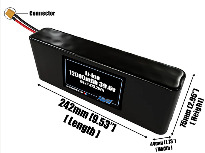 Size reference photo of the 12000mAh 39.6V Li-ion pack showing 242 mm by 44 mm by 75 mm dimensions ideal for drones or robotic systems where space matters.