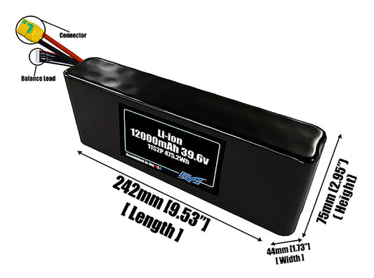 Size reference photo of the 12000mAh 39.6V Li-ion pack showing 242 mm by 44 mm by 75 mm dimensions ideal for drones or robotic systems where space matters.