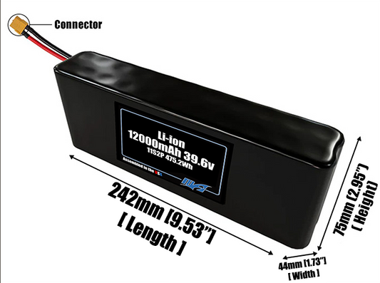 Size reference photo of the 12000mAh 39.6V Li-ion pack showing 242 mm by 44 mm by 75 mm dimensions ideal for drones or robotic systems where space matters.