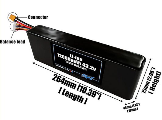 Size reference photo of the 12000mAh 43.2V Li-ion pack showing 264 mm by 44 mm by 75 mm dimensions ideal for drones or robotic systems where space matters.