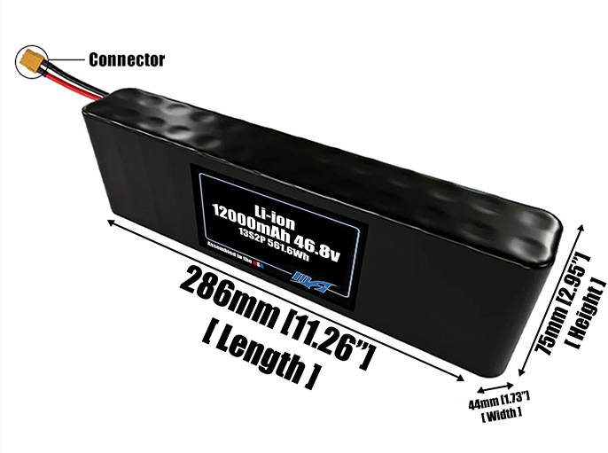 Size reference photo of the 12000mAh 46.8V Li-ion pack showing 286 mm by 44 mm by 75 mm dimensions ideal for drones or robotic systems where space matters.