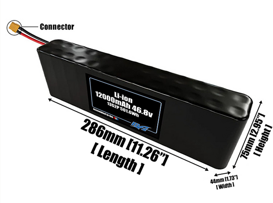 Size reference photo of the 12000mAh 46.8V Li-ion pack showing 286 mm by 44 mm by 75 mm dimensions ideal for drones or robotic systems where space matters.