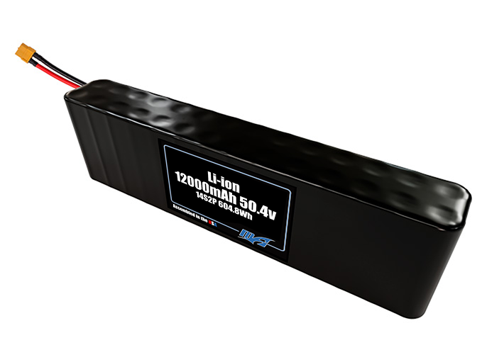 Compact 50.4-volt 12000mAh lithium-ion battery, built for lightweight drone, UAV, and robotics projects.