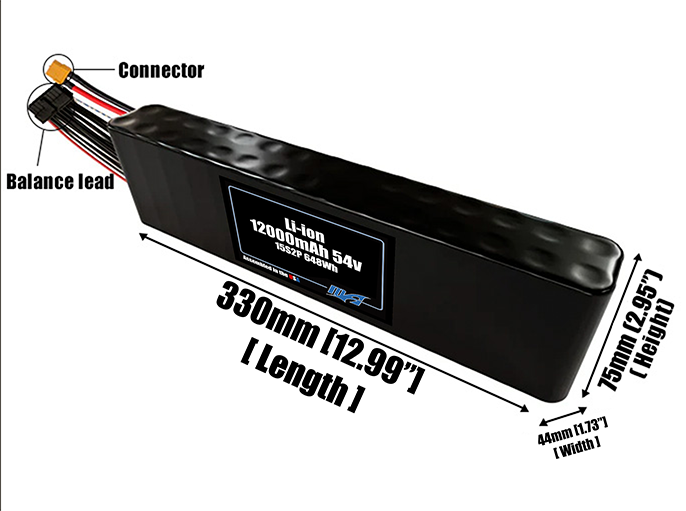 Size reference photo of the 12000mAh 54V Li-ion pack showing 330 mm by 44 mm by 75 mm dimensions ideal for drones or robotic systems where space matters.