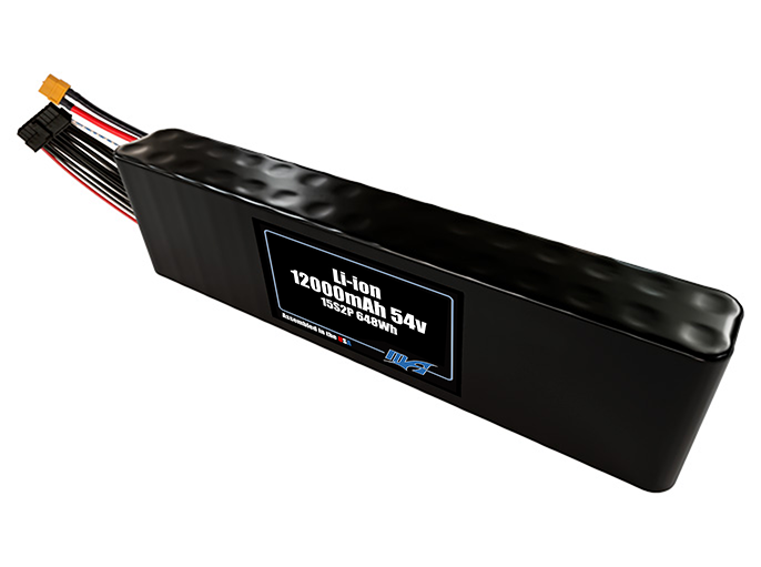 Compact 54-volt 12000mAh lithium-ion battery, built for lightweight drone, UAV, and robotics projects.