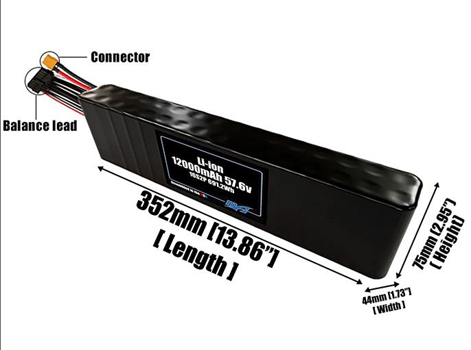 Size reference photo of the 12000mAh 57.6V Li-ion pack showing 352 mm by 44 mm by 75 mm dimensions ideal for drones or robotic systems where space matters.