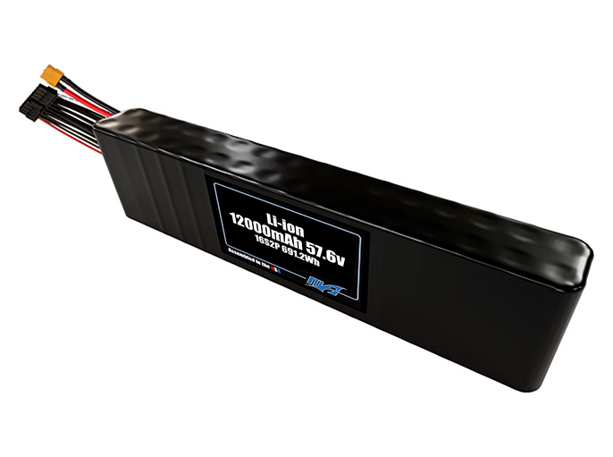 Compact 57.6-volt 12000mAh lithium-ion battery, built for lightweight drone, UAV, and robotics projects.