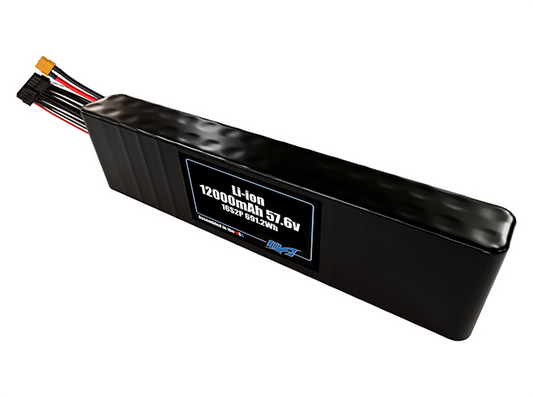 Compact 57.6-volt 12000mAh lithium-ion battery, built for lightweight drone, UAV, and robotics projects.