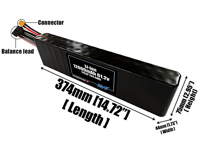 Size reference photo of the 12000mAh 61.2V Li-ion pack showing 374 mm by 44 mm by 75 mm dimensions ideal for drones or robotic systems where space matters.