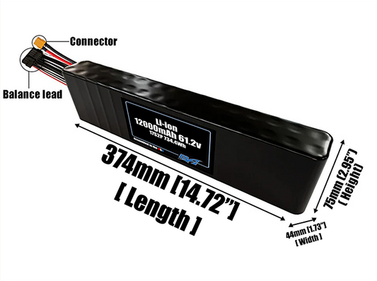 Size reference photo of the 12000mAh 61.2V Li-ion pack showing 374 mm by 44 mm by 75 mm dimensions ideal for drones or robotic systems where space matters.