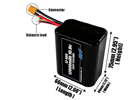 Size reference photo of the 12000mAh 10.8V Li-ion pack showing 66 mm by 44 mm by 75 mm dimensions ideal for drones or robotic systems where space matters.