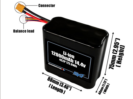 Size reference photo of the 12000mAh 14.4V Li-ion pack showing 88 mm by 44 mm by 75 mm dimensions ideal for drones or robotic systems where space matters.
