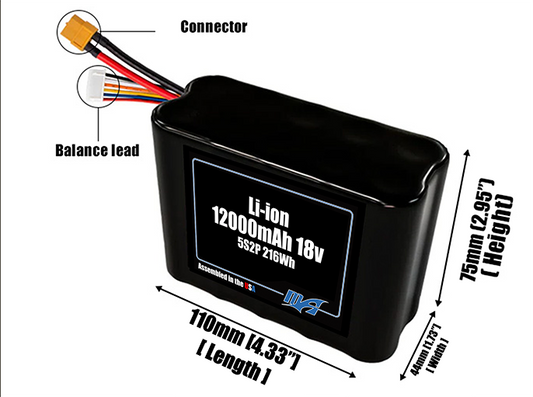 Size reference photo of the 12000mAh 18V Li-ion pack showing 110 mm by 44 mm by 75 mm dimensions ideal for drones or robotic systems where space matters.