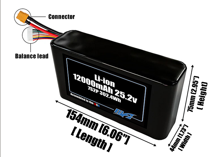 Size reference photo of the 12000mAh 25.2V Li-ion pack showing 154 mm by 44 mm by 75 mm dimensions ideal for drones or robotic systems where space matters.