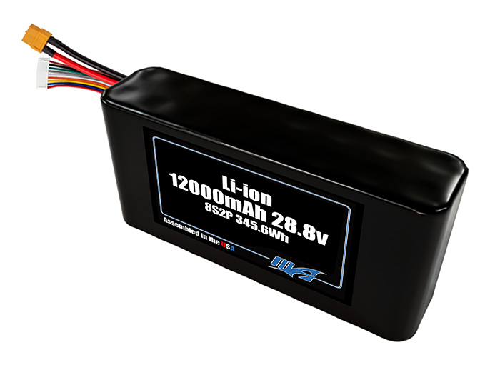 Compact 28.8-volt 12000mAh lithium-ion battery, built for lightweight drone, UAV, and robotics projects.