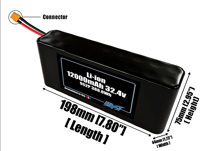 Size reference photo of the 12000mAh 32.4V Li-ion pack showing 198 mm by 44 mm by 75 mm dimensions ideal for drones or robotic systems where space matters.