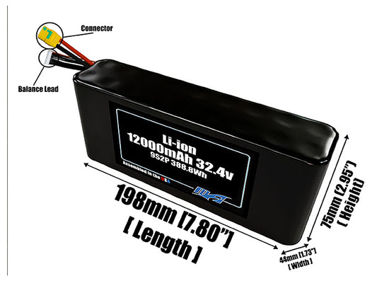 Size reference photo of the 12000mAh 32.4V Li-ion pack showing 198 mm by 44 mm by 75 mm dimensions ideal for drones or robotic systems where space matters.