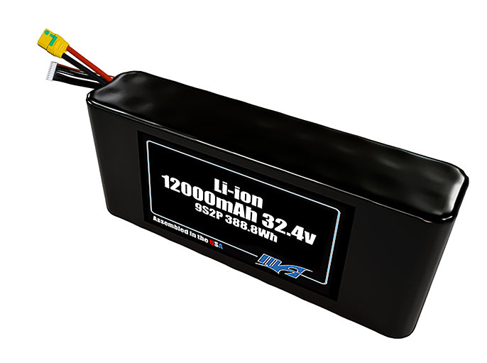 Compact 32.4-volt 12000mAh lithium-ion battery, built for lightweight drone, UAV, and robotics projects.