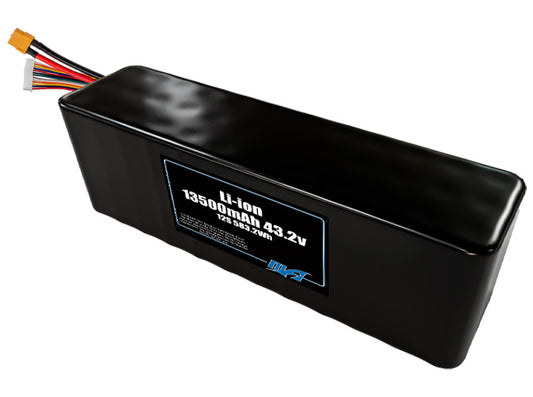 Compact 43.2-volt 13500mAh lithium-ion battery, built for lightweight drone, UAV, and robotics projects.