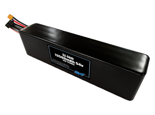 Compact 54-volt 13500mAh lithium-ion battery, built for lightweight drone, UAV, and robotics projects.