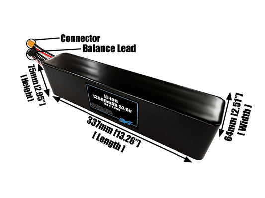 Size reference photo of the 13500mAh 57.6V lithium ion pack showing 337 mm by 64 mm by 75 mm dimensions ideal for drones or large robotic systems where space matters.