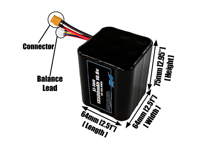 Size reference photo of the 13500mAh 10.8V lithium ion pack showing 64 mm by 64 mm by 75 mm dimensions ideal for drones or large robotic systems where space matters.