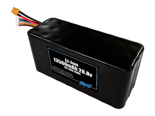 Compact 28.8-volt 13500mAh lithium-ion battery, built for lightweight drone, UAV, and robotics projects.