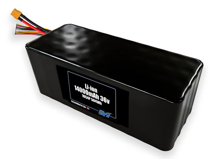 Compact 36-volt 14000mAh lithium-ion battery, built for lightweight drone, UAV, and robotics projects.