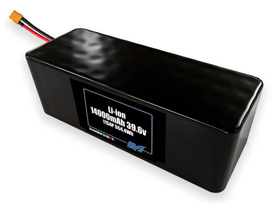 Compact 39.6-volt 14000mAh lithium-ion battery, built for lightweight drone, UAV, and robotics projects.